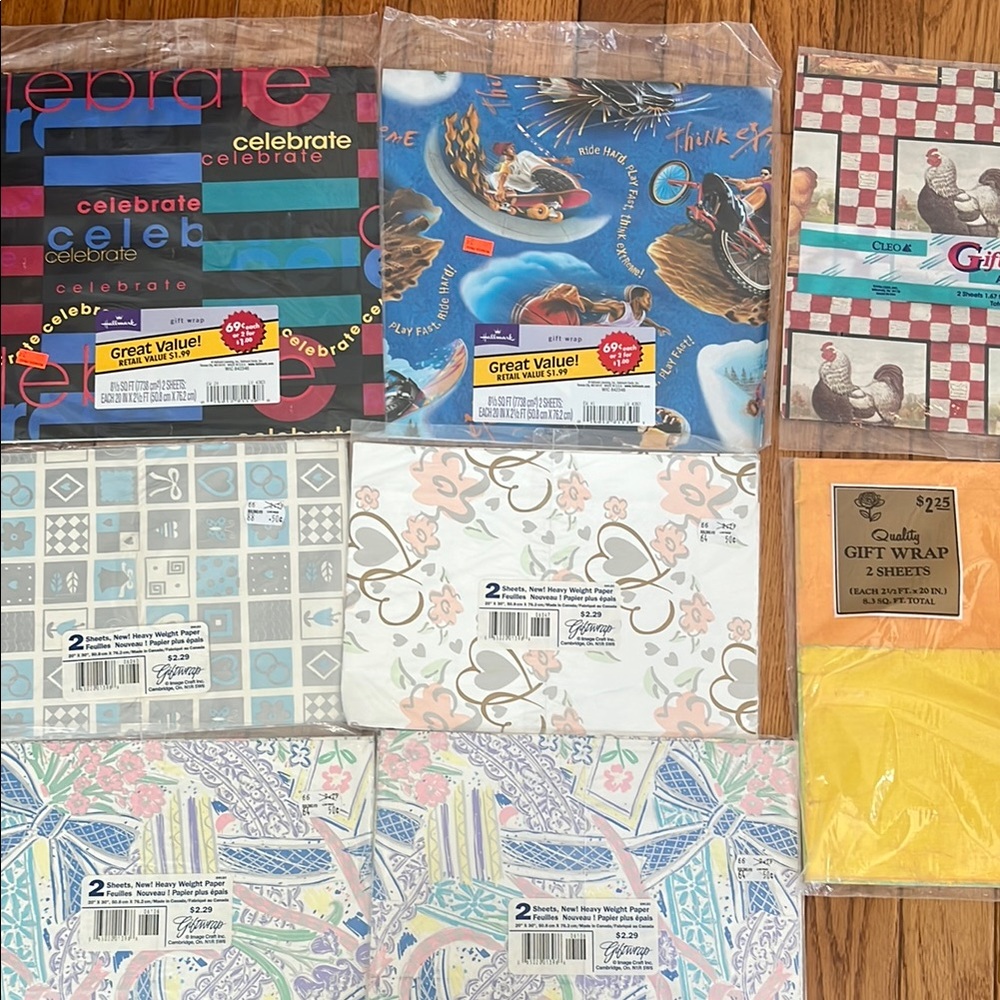 Vintage Gift Wrap Hallmark Cleo Chicken Skateboard Bow Celebrate‎ Party Lot of 8